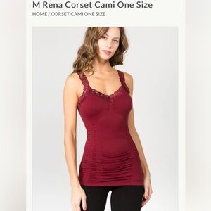 M Rena Burgundy V Neckline Ruched Lace Trim Corset Camisole OS Made in USA